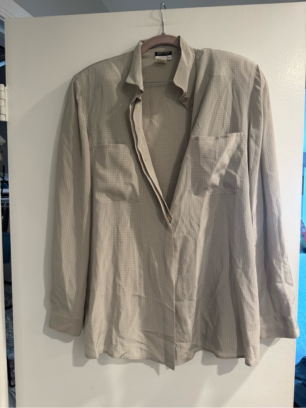 Vintage women’s Giorgio Armani Silk Shirt Light Beige Micro Check Button size 44